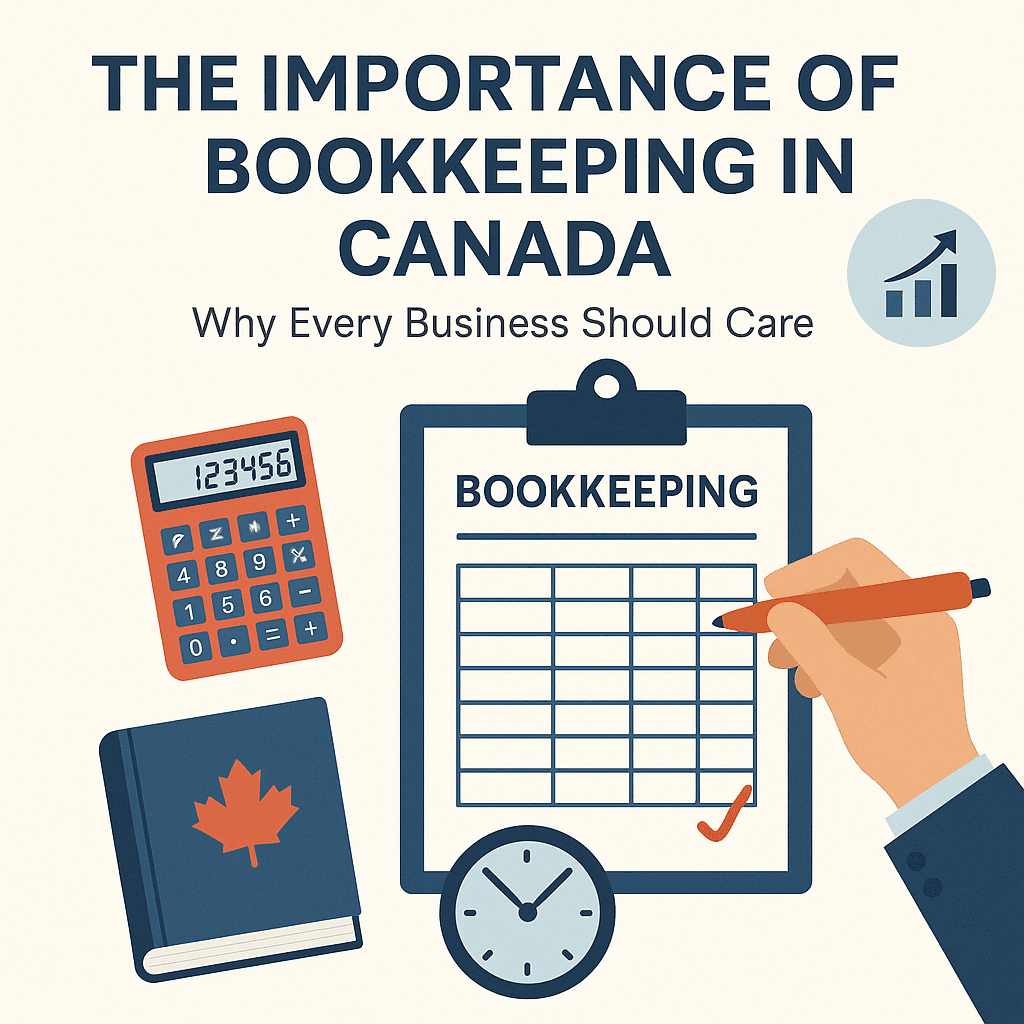 Illustration showing bookkeeping essentials in Canada with a clipboard, calculator, clock, and book featuring a maple leaf, emphasizing financial record-keeping.